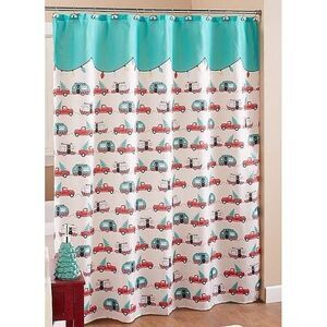 Holiday Retro Blue Camper Red Truck Shower Curtain Polyester Bath Gift NEW